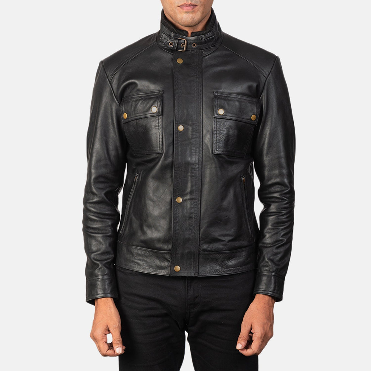 
Men's Darren Black Leather Biker Jacket in Black 100% Full-Grain Leather - Front Profile View & Tailored Silhouette | Buy Online