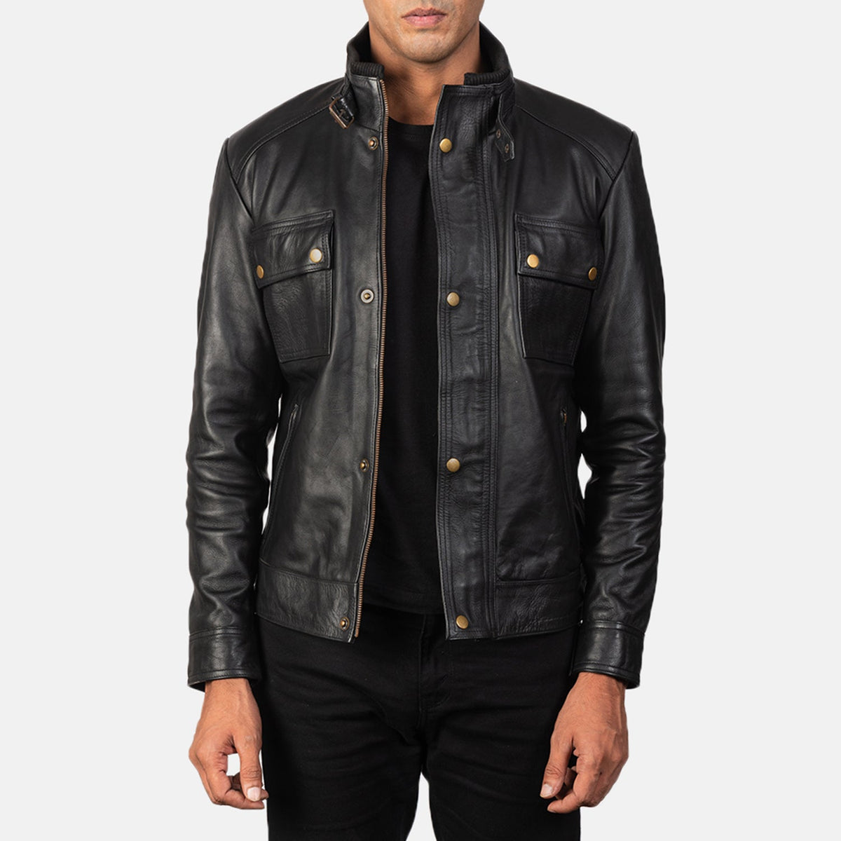 
Men's Darren Black Leather Biker Jacket - Lateral Side Profile View Showing Sleeve Cut & Athletic Taper Fit