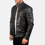 
Black Cow Hide Leather Biker Jacket - Back View Showing Tailored Shoulder Fit & Clean Hemline