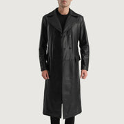 
Delmar Black Leather Double Breasted Coat in Black Cowhide Leather - Front Profile View & Tailored Silhouette | Buy Online
