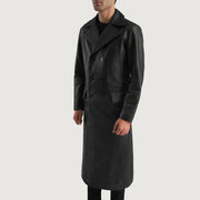 
Black Cowhide leather Coat - Back View Showing Tailored Shoulder Fit & Clean Hemline