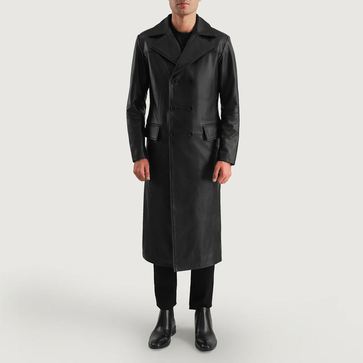 
Delmar Black Leather Double Breasted Coat - Lateral Side Profile View Showing Sleeve Cut & Athletic Taper Fit