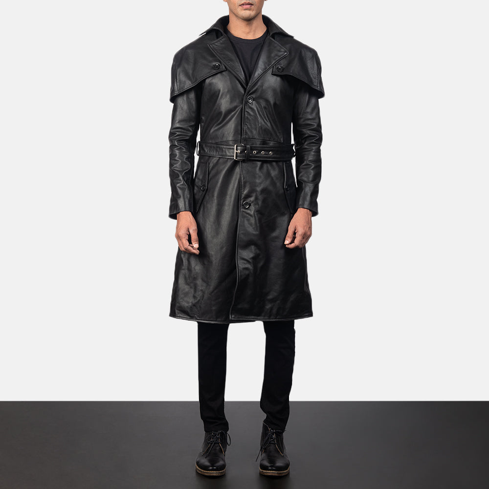 
Black Cowhide Leather Trench Coat - Back View Showing Tailored Shoulder Fit & Clean Hemline