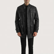 
Dolf Black Leather Jacket in Black Cowhide Leather - Front Profile View & Tailored Silhouette | Buy Online