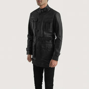 
Black Cowhide leather Coat - Back View Showing Tailored Shoulder Fit & Clean Hemline