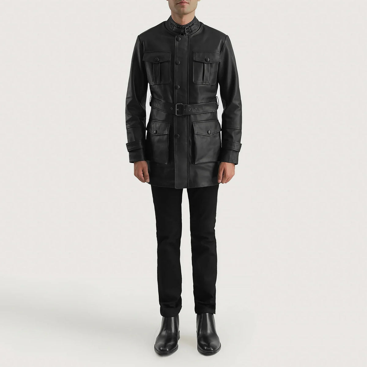 
Dolf Black Leather Jacket - Lateral Side Profile View Showing Sleeve Cut & Athletic Taper Fit