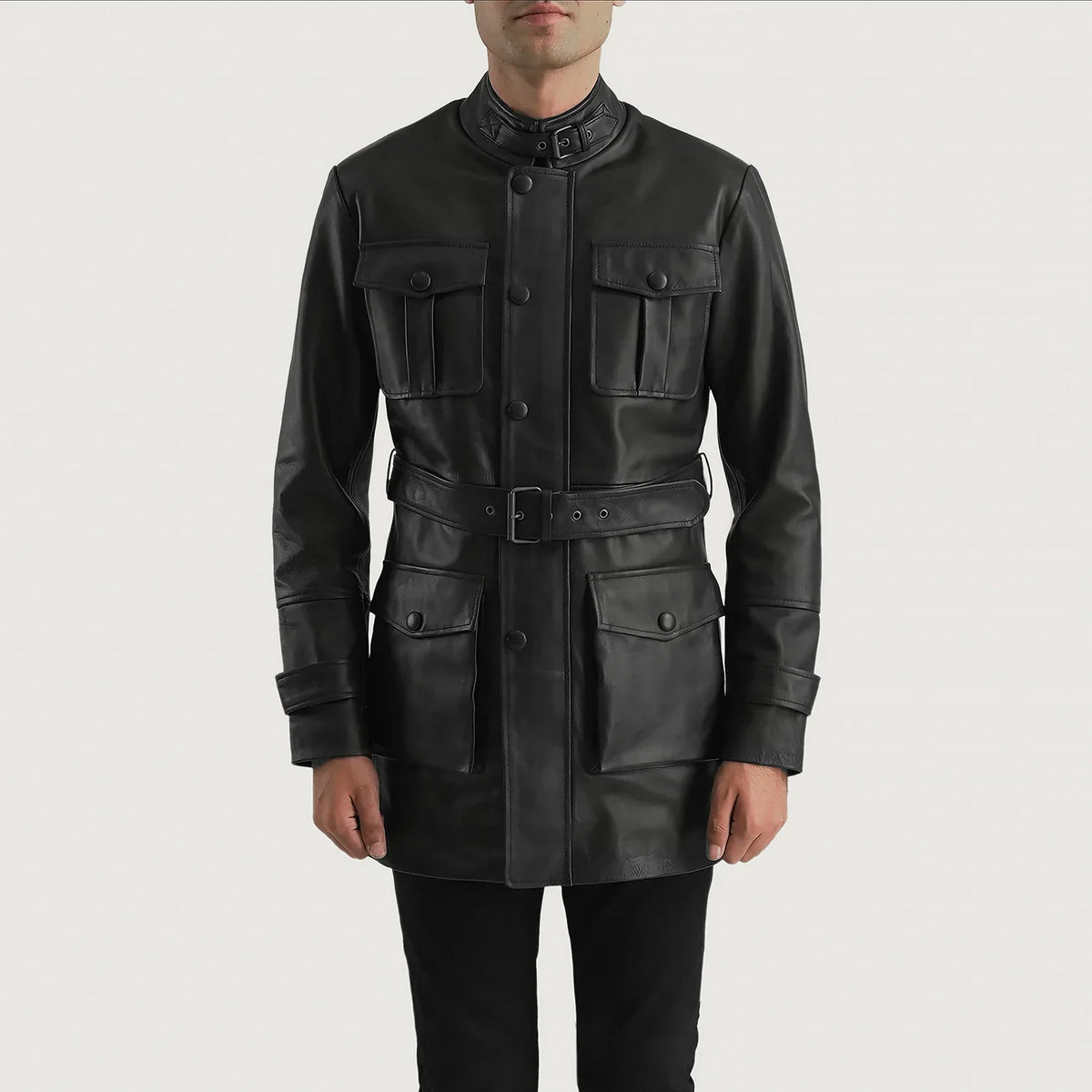 
Close-Up Detail of High neck with Belt & Snap button Hardware on Dolf Black Leather Jacket