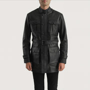 
Close-Up Detail of High neck with Belt & Snap button Hardware on Dolf Black Leather Jacket