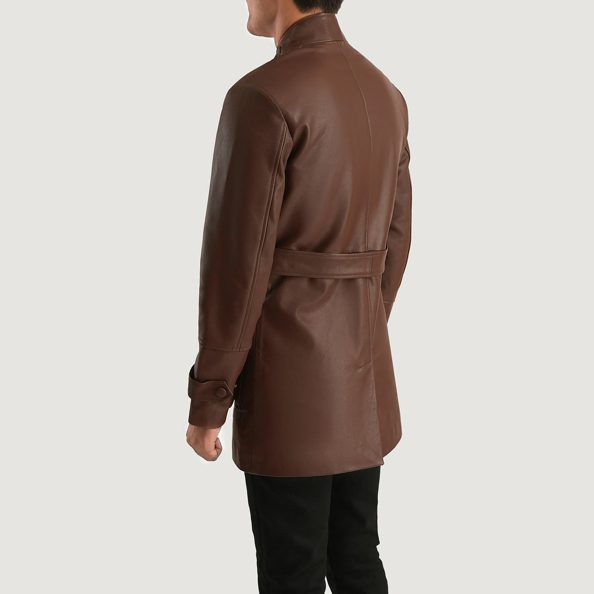 
Close-Up Detail of High neck with Belt & Snap button Hardware on Dolf Brown Leather Jacket