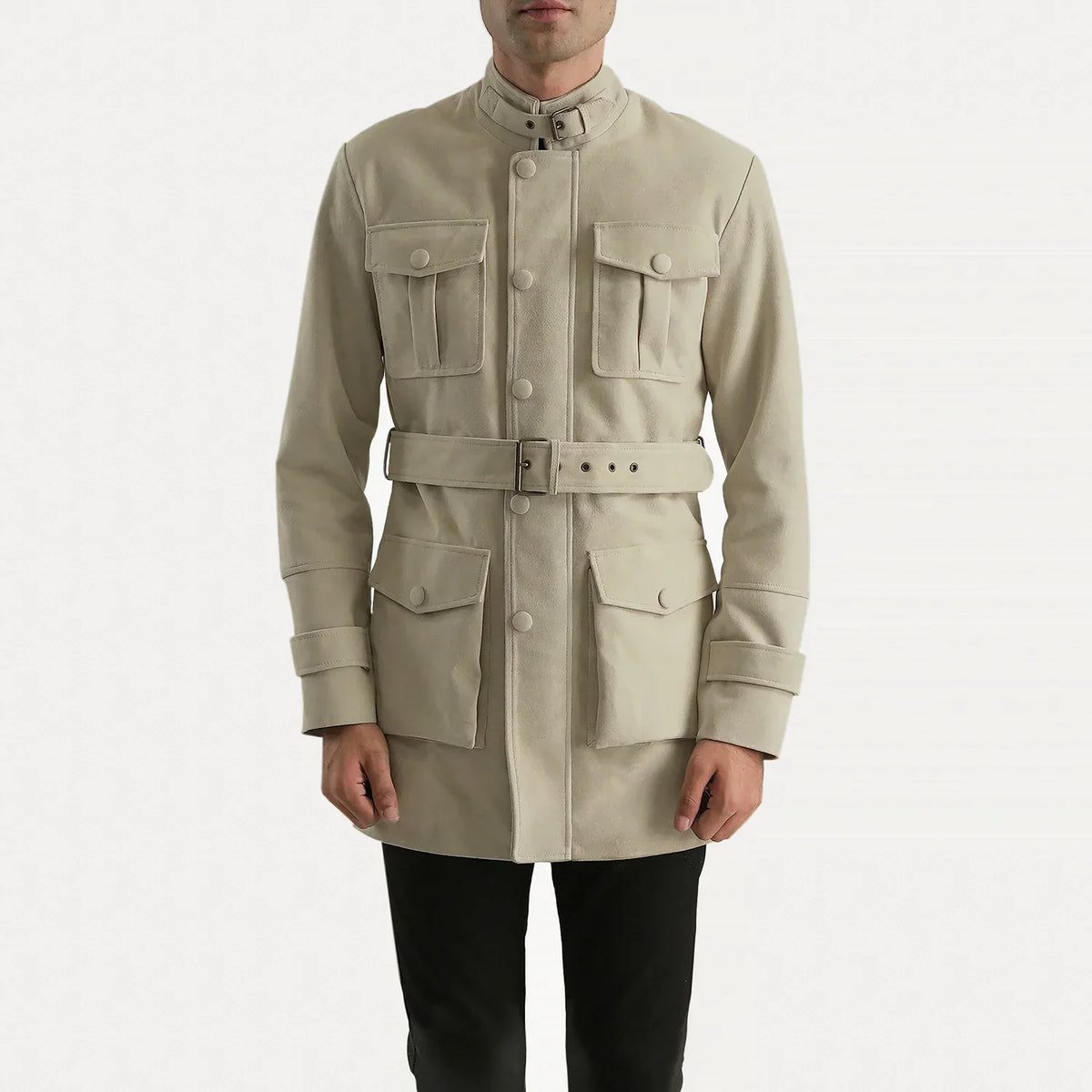 
Dolf Off-White Suede Jacket in Off-White Cowhide Suede - Front Profile View & Tailored Silhouette | Buy Online