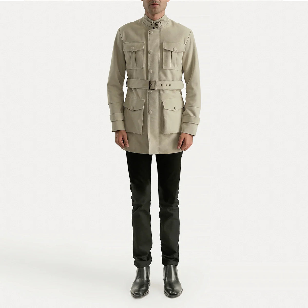 
Dolf Off-White Suede Jacket - Lateral Side Profile View Showing Sleeve Cut & Athletic Taper Fit