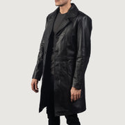 
Black Cowhide leather Coat - Back View Showing Tailored Shoulder Fit & Clean Hemline
