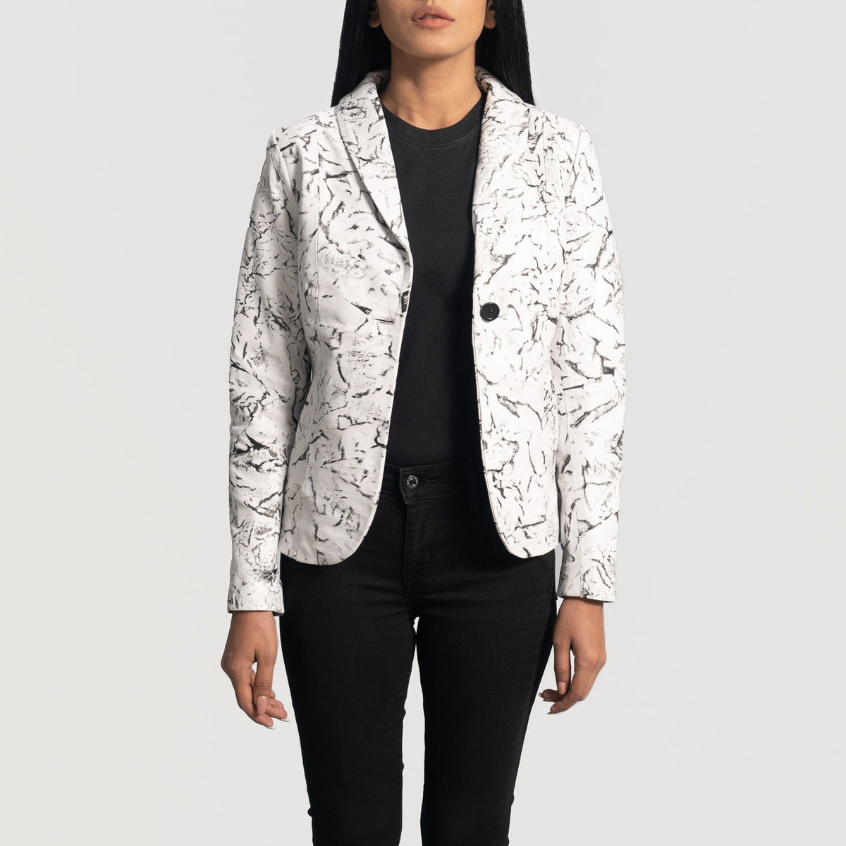 
Women's Donna Blake White Leather Blazer - Lateral Side Profile View Showing Sleeve Cut & Athletic Taper Fit