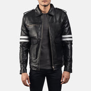 
Dragonhide Black Leather Jacket - Lateral Side Profile View Showing Sleeve Cut & Athletic Taper Fit