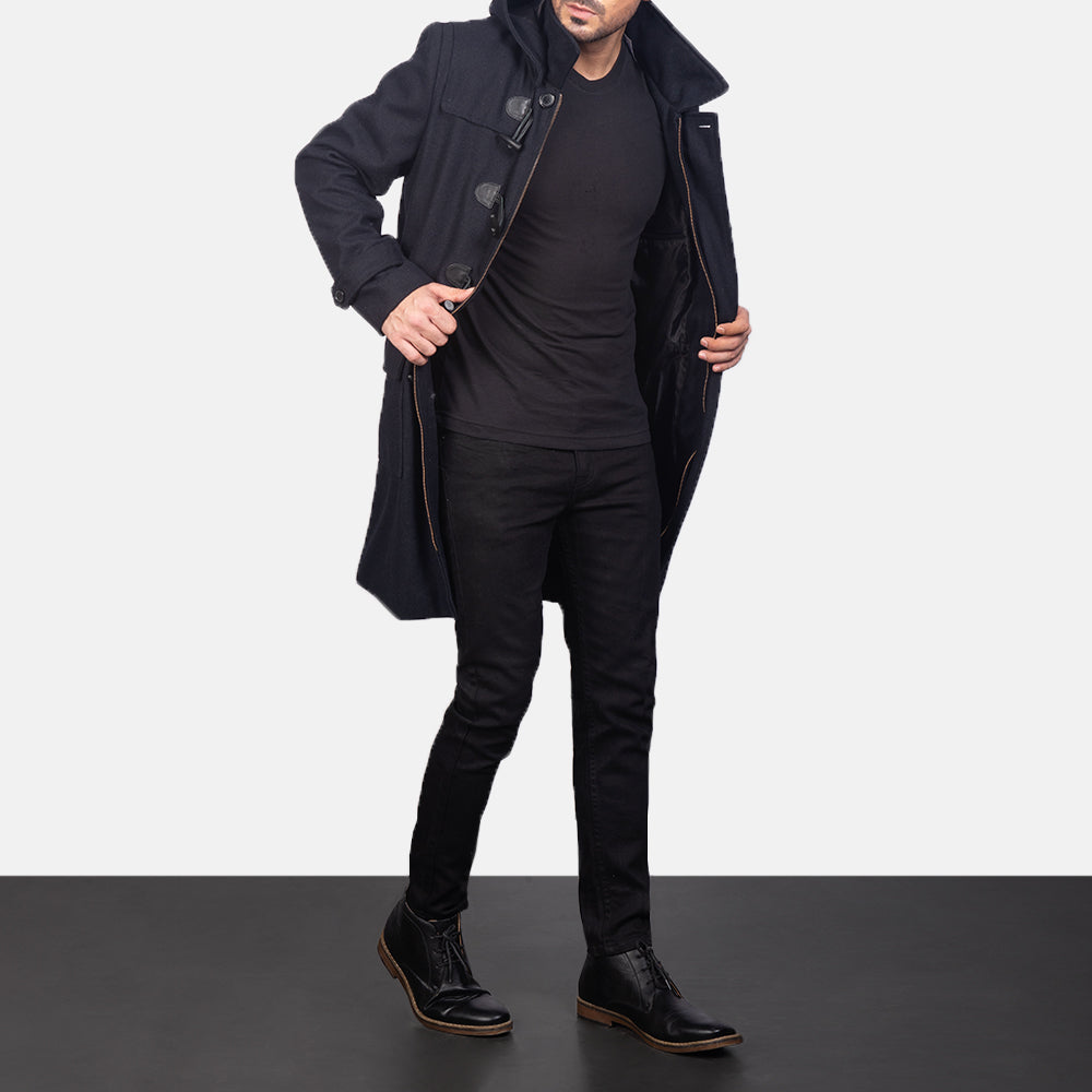 
Men's Drake Black Wool Duffle Coat in Black Synthetic Wool - Front Profile View & Tailored Silhouette | Buy Online