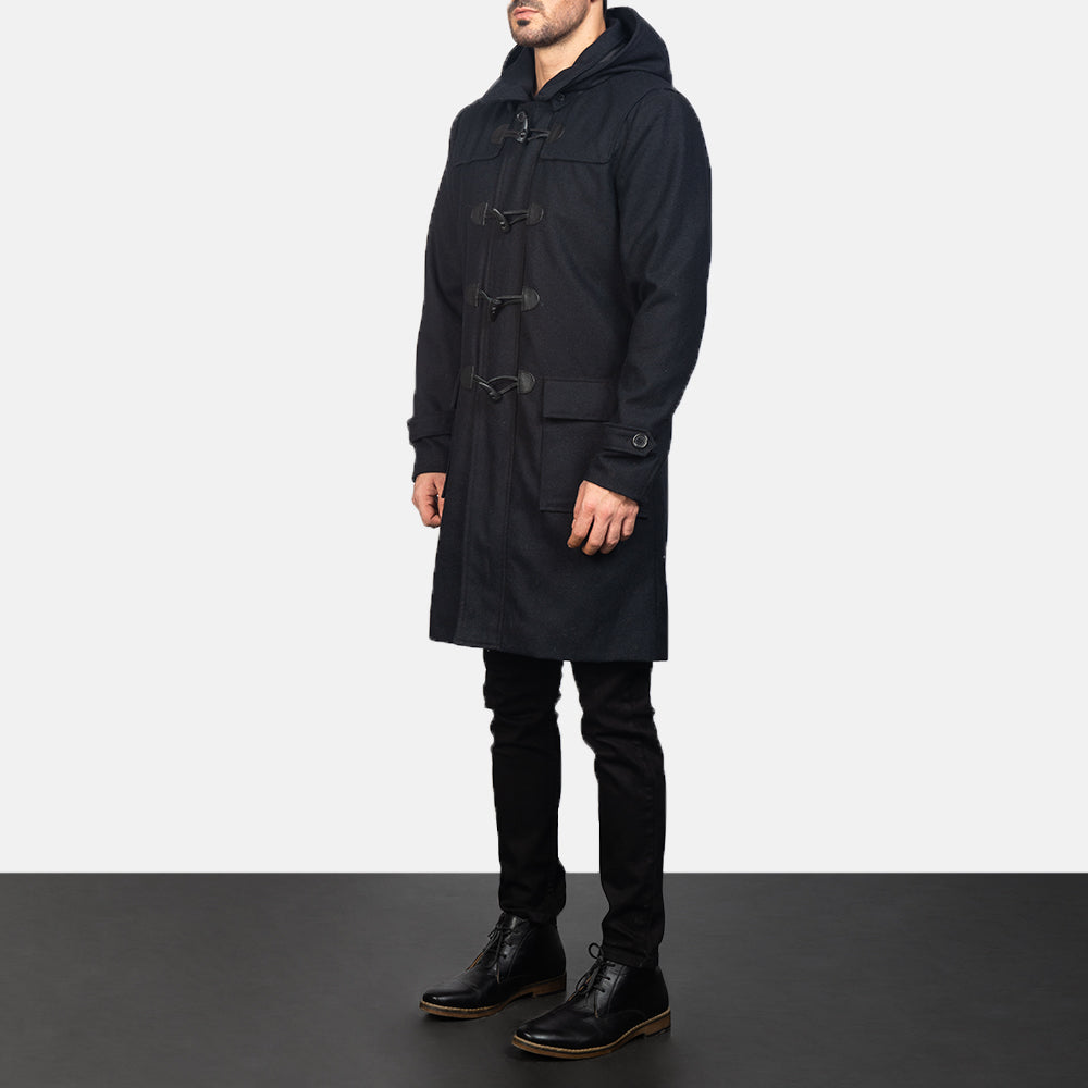 Black Synthetic Wool Trench Coat - Back View Showing Tailored Shoulder Fit & Clean Hemline