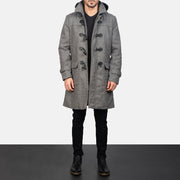 
Close-Up Detail of Shirt with Removable Hood & Toggle Buttons with Placket & Zipper Hardware on Men's Grey Wool Duffle Coat