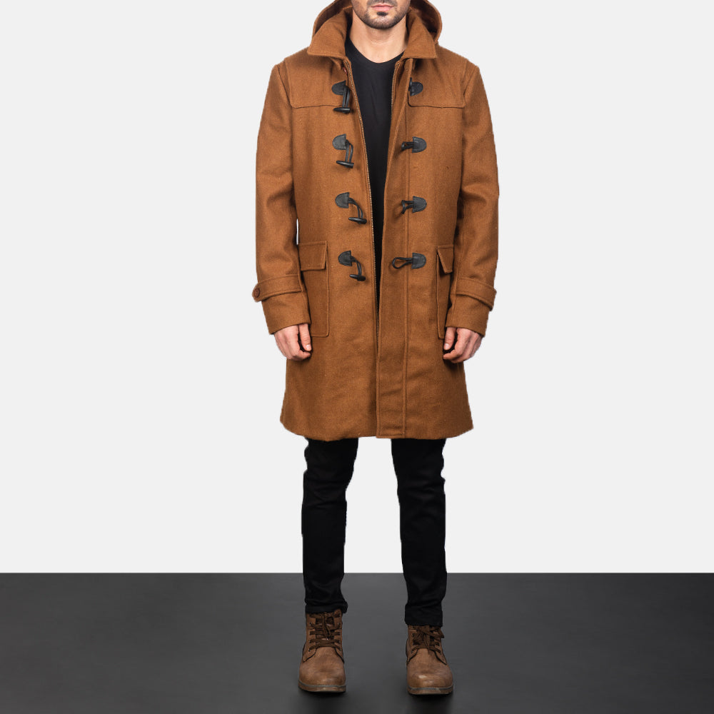 Men's Drake Khaki Wool Duffle Coat in Khaki Synthetic Wool - Front Profile View & Tailored Silhouette | Buy Online