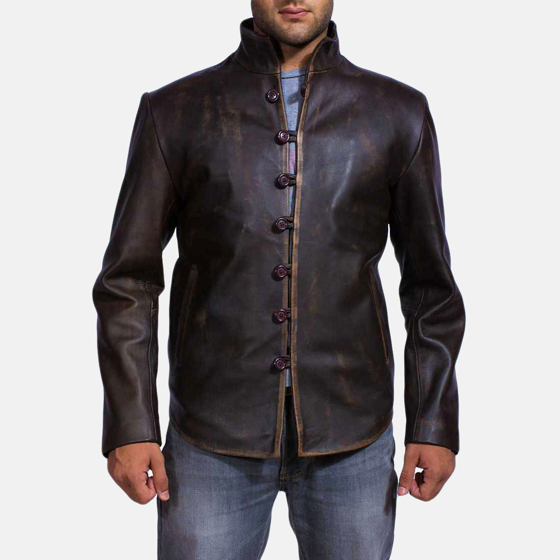 
Men's Drakeshire Brown Leather Jacket in Distressed Brown Goatskin Leather - Front Profile View & Tailored Silhouette | Buy Online