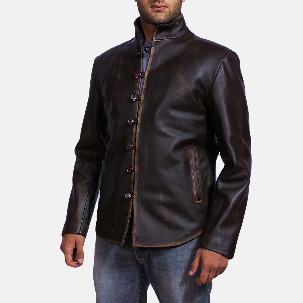 
Distressed Brown Goatskin Leather Biker Jacket - Back View Showing Tailored Shoulder Fit & Clean Hemline