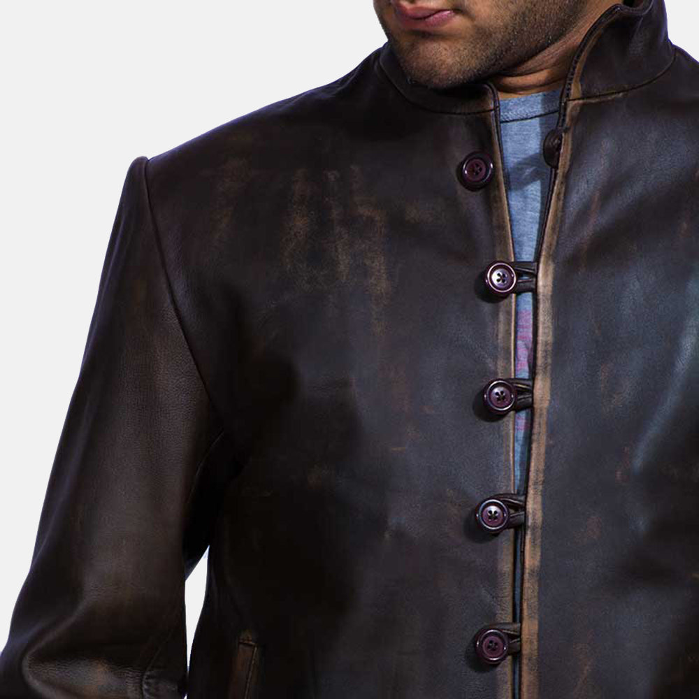 
Men's Drakeshire Brown Leather Jacket - Lateral Side Profile View Showing Sleeve Cut & Athletic Taper Fit