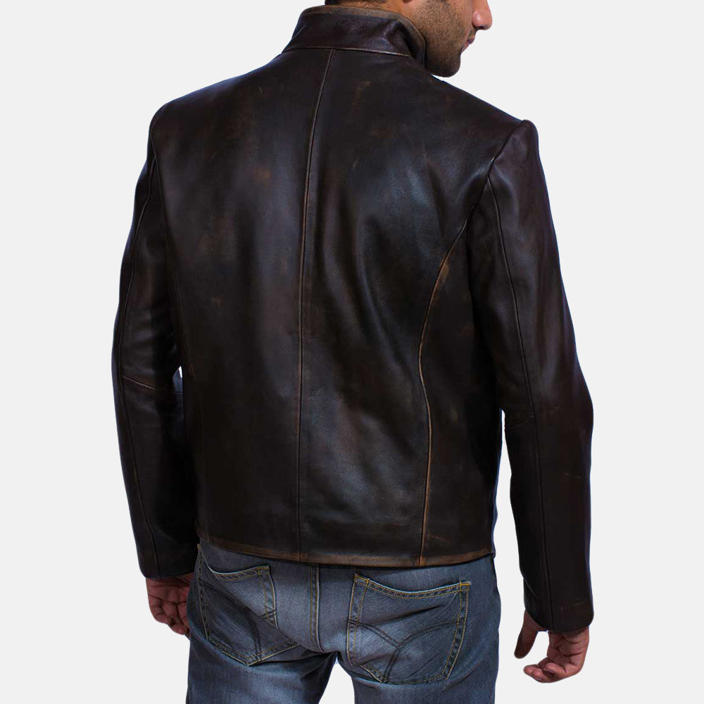 
Close-Up Detail of Band & Button Hardware on Men's Drakeshire Brown Leather Jacket