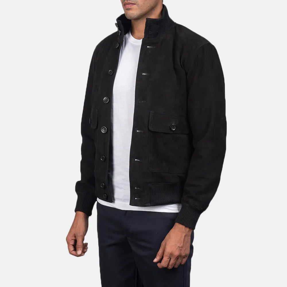 
Brown Goatskin Suede Bomber Jacket - Back View Showing Tailored Shoulder Fit & Clean Hemline