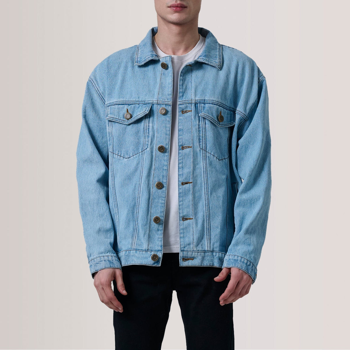 
Eddie Light Blue Oversized Denim Trucker Jacket For Men in Light Blue Full-Grain Leather - Front Profile View & Tailored Silhouette | Buy Online