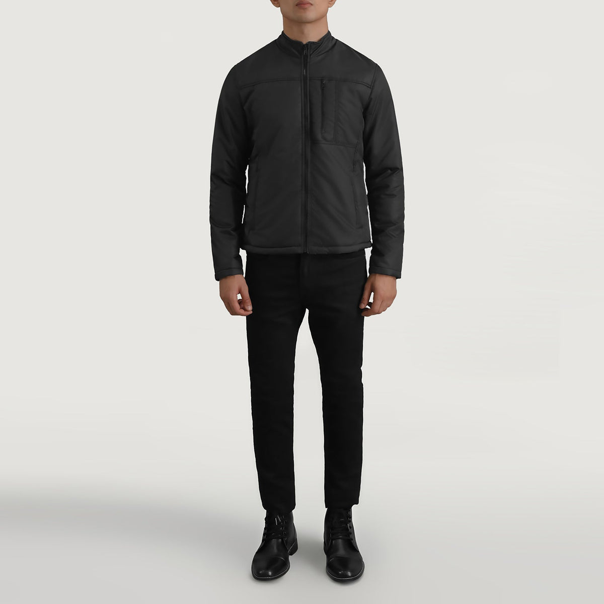 
Elliot Black Lightweight Jacket - Lateral Side Profile View Showing Sleeve Cut & Athletic Taper Fit