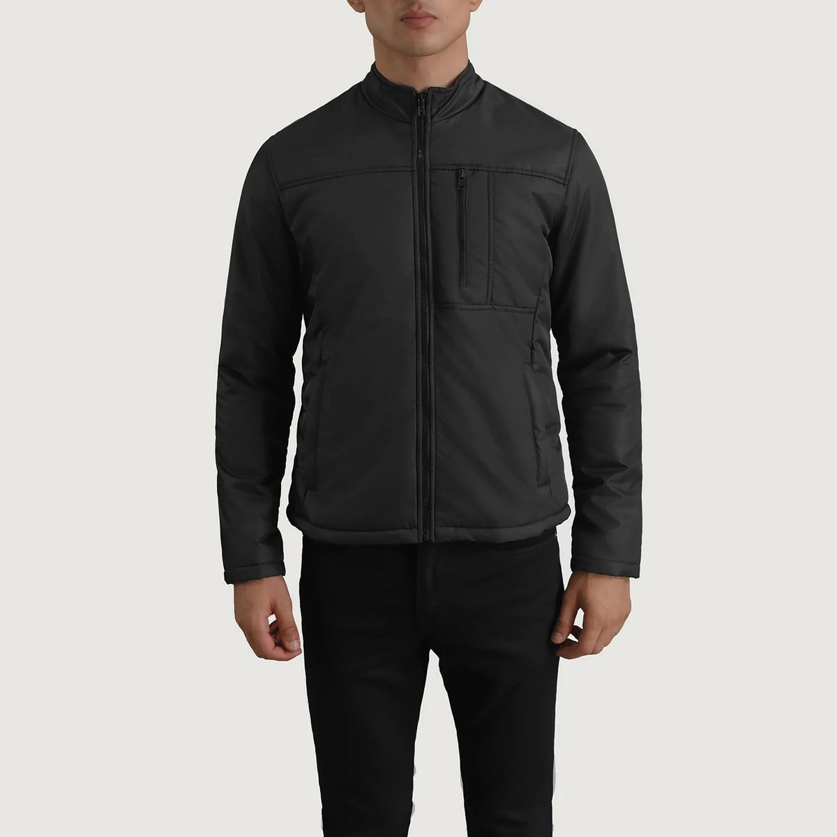 
Close-Up Detail of Classic Collar & Zipper Hardware on Elliot Black Lightweight Jacket