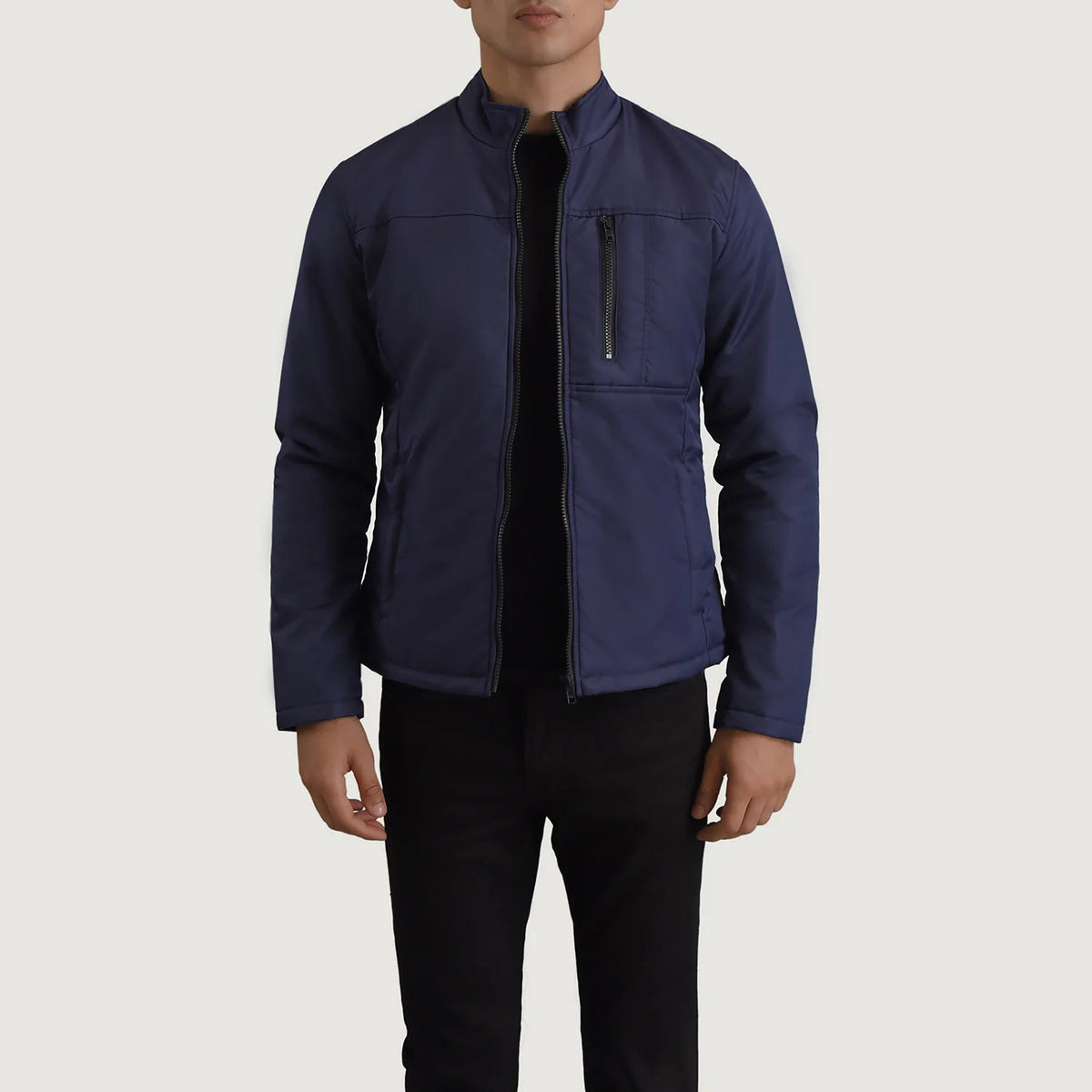 
Elliot Blue Lightweight Jacket in Blue Full-Grain Leather - Front Profile View & Tailored Silhouette | Buy Online
