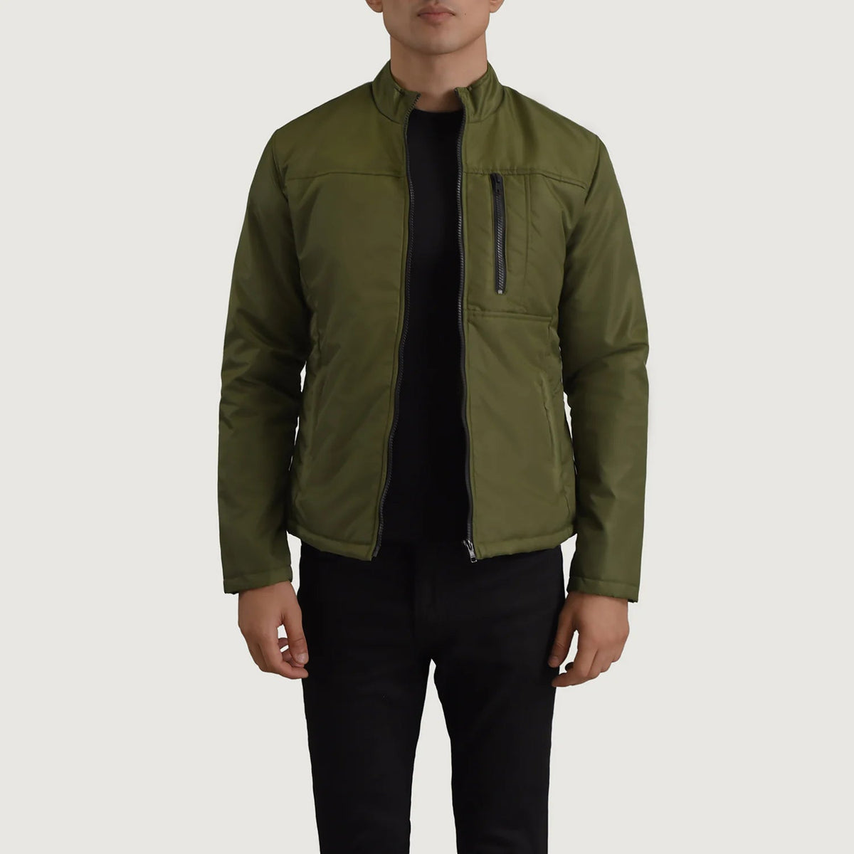 
Elliot Green Lightweight Jacket in Green Full-Grain Leather - Front Profile View & Tailored Silhouette | Buy Online