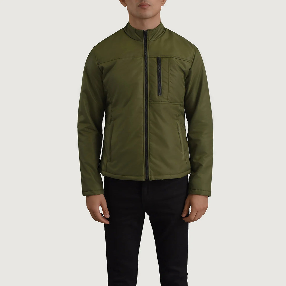 
Close-Up Detail of Classic Collar & Zipper Hardware on Elliot Green Lightweight Jacket