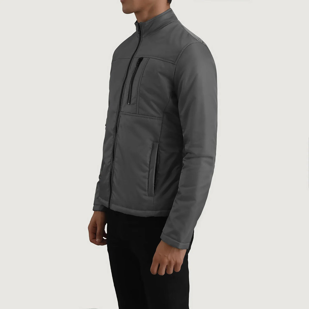 
Grey Full-Grain Leather Winter Jacket - Back View Showing Tailored Shoulder Fit & Clean Hemline