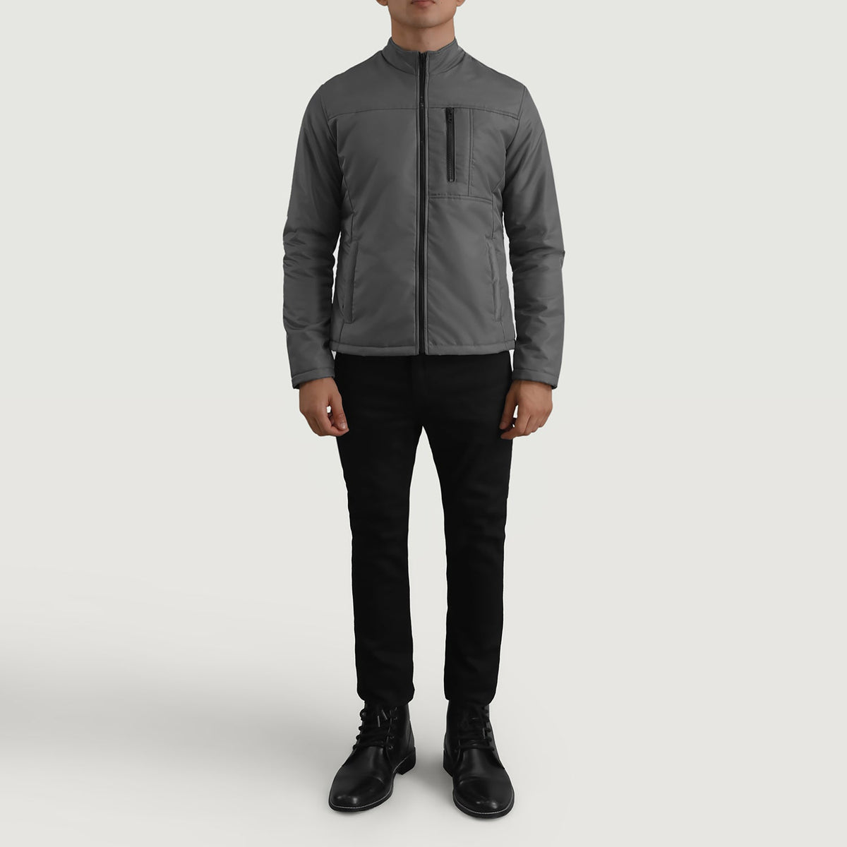 
Elliot Grey Lightweight Jacket - Lateral Side Profile View Showing Sleeve Cut & Athletic Taper Fit