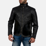 
Equilibrium Black Leather Jacket in Black Sheepskin Leather - Front Profile View & Tailored Silhouette | Buy Online