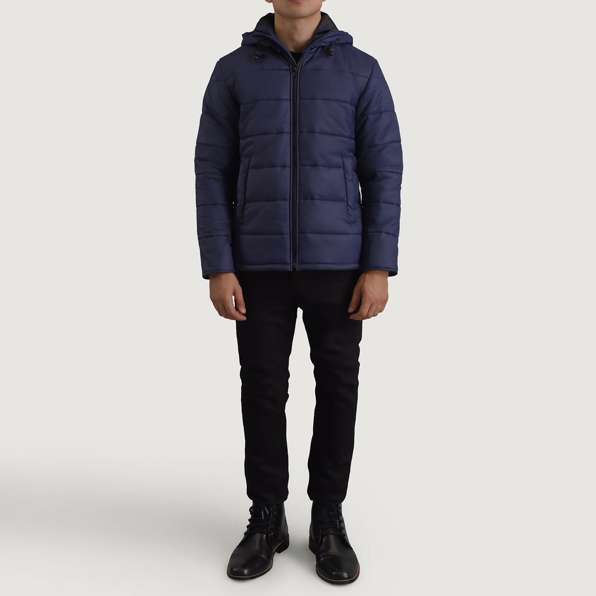 
Erico Blue Hooded Puffer Jacket - Lateral Side Profile View Showing Sleeve Cut & Athletic Taper Fit