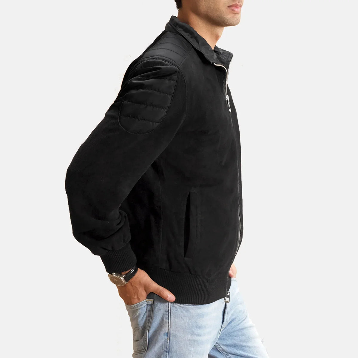 
Black Goatskin Suede Bomber Jacket - Back View Showing Tailored Shoulder Fit & Clean Hemline