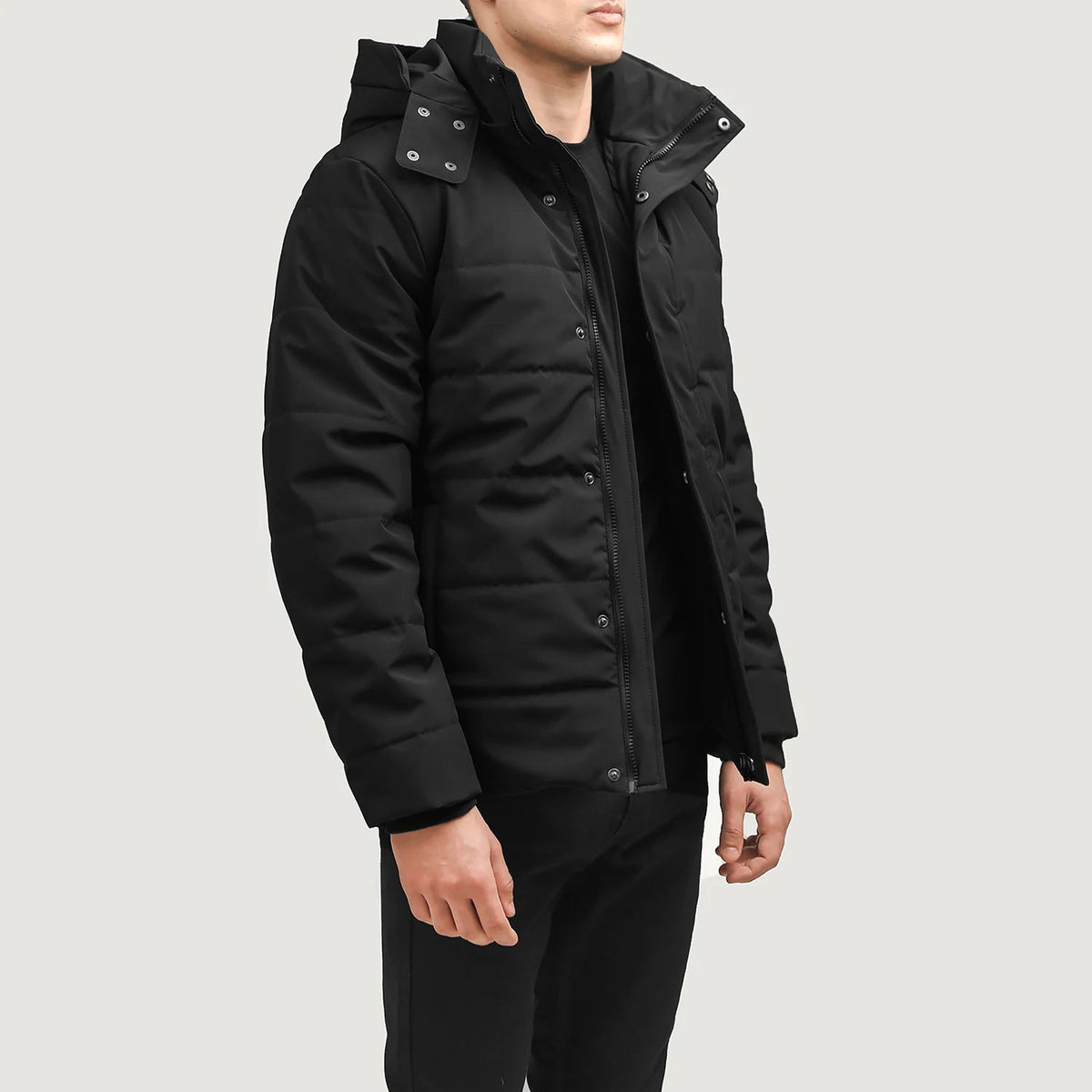 
Black Full-Grain Leather Hooded Jacket - Back View Showing Tailored Shoulder Fit & Clean Hemline