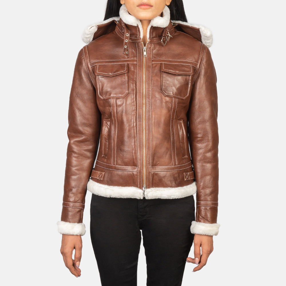 
Women's Fiona Brown Hooded Shearling Leather Jacket in Brown Sheepskin Snuffed - Front Profile View & Tailored Silhouette | Buy Online