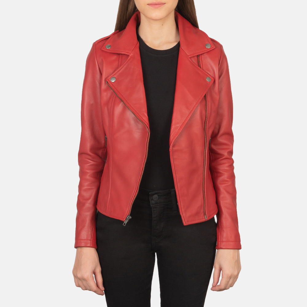 
Women's Flashback Red Leather Biker Jacket - Lateral Side Profile View Showing Sleeve Cut & Athletic Taper Fit