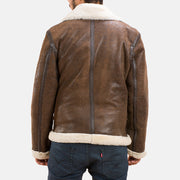 
Distressed Brown Sheepskin Leather Aviator Jacket - Back View Showing Tailored Shoulder Fit & Clean Hemline