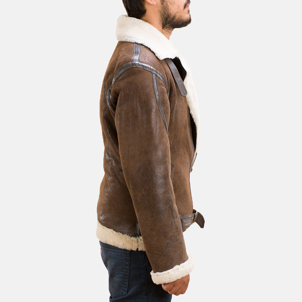 
Men's Forest Double Face Shearling Jacket - Lateral Side Profile View Showing Sleeve Cut & Athletic Taper Fit