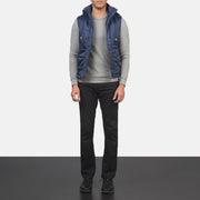 
Men's Fuston Blue Hooded Puffer Vest - Lateral Side Profile View Showing Sleeve Cut & Athletic Taper Fit