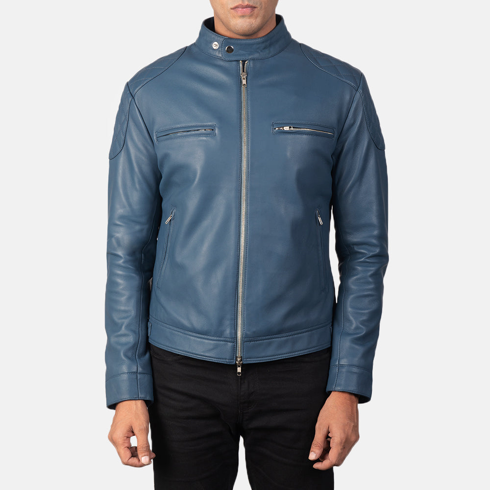 
Men's Gatsby Quilted Blue Leather Biker Jacket - Lateral Side Profile View Showing Sleeve Cut & Athletic Taper Fit