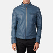 
Men's Gatsby Quilted Blue Leather Biker Jacket - Lateral Side Profile View Showing Sleeve Cut & Athletic Taper Fit