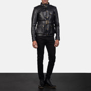 
Close-Up Detail of Band with snap button & Snap Button Hardware on Germain Black Leather Jacket