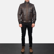 
Men's Street Brown Leather Bomber Jacket - Lateral Side Profile View Showing Sleeve Cut & Athletic Taper Fit