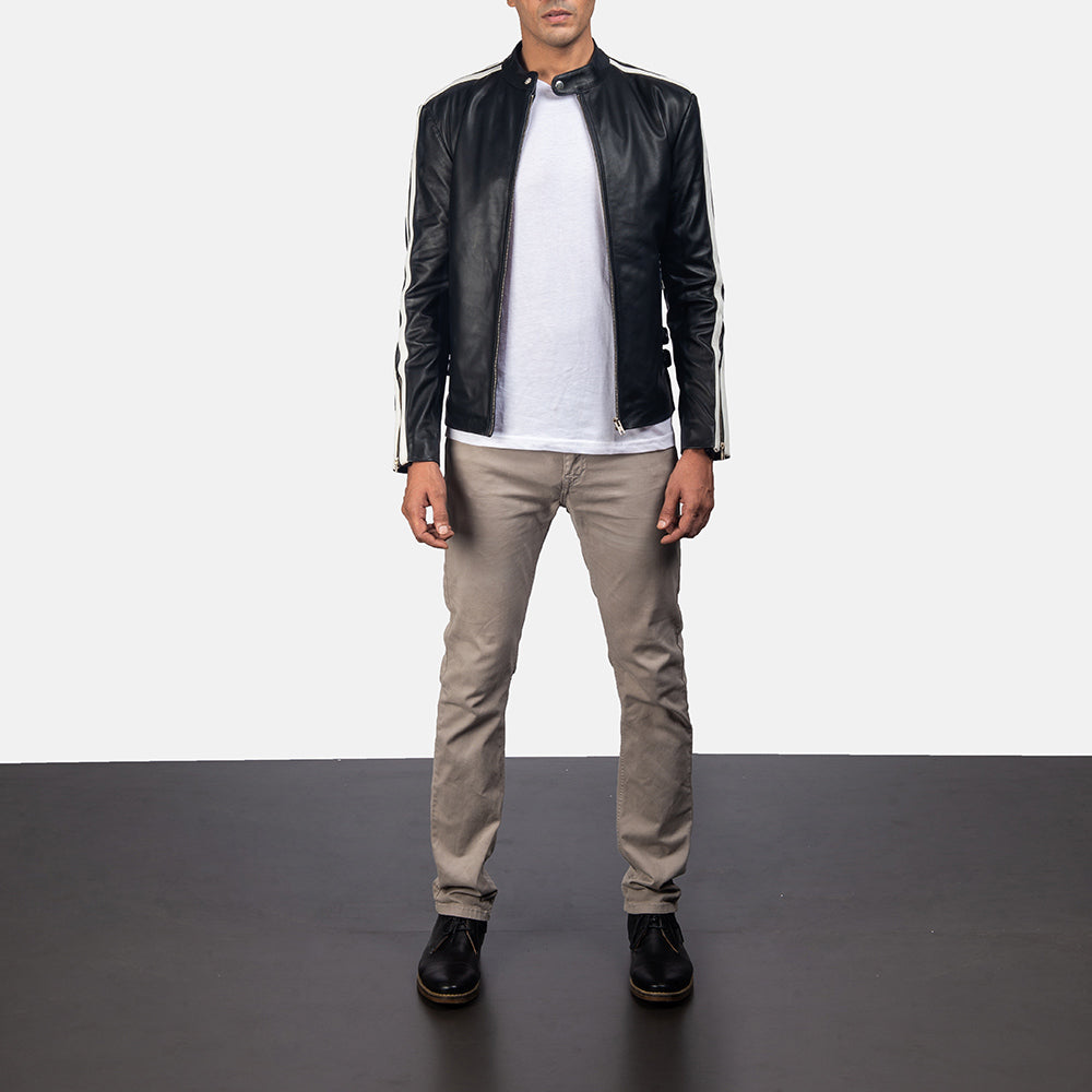 
Hank Black Leather Biker Jacket - Lateral Side Profile View Showing Sleeve Cut & Athletic Taper Fit