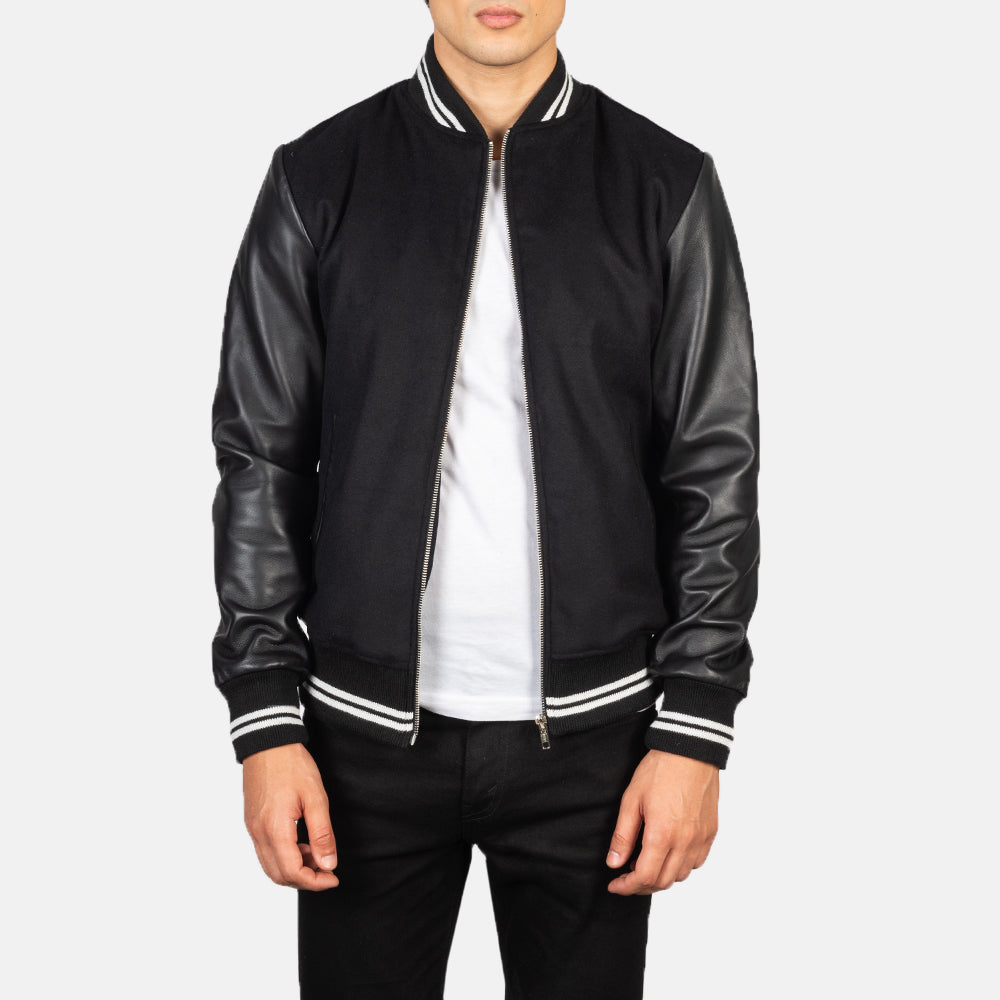 
Harrison Black Hybrid Varsity Jacket in Black Sheepskin Leather - Front Profile View & Tailored Silhouette | Buy Online